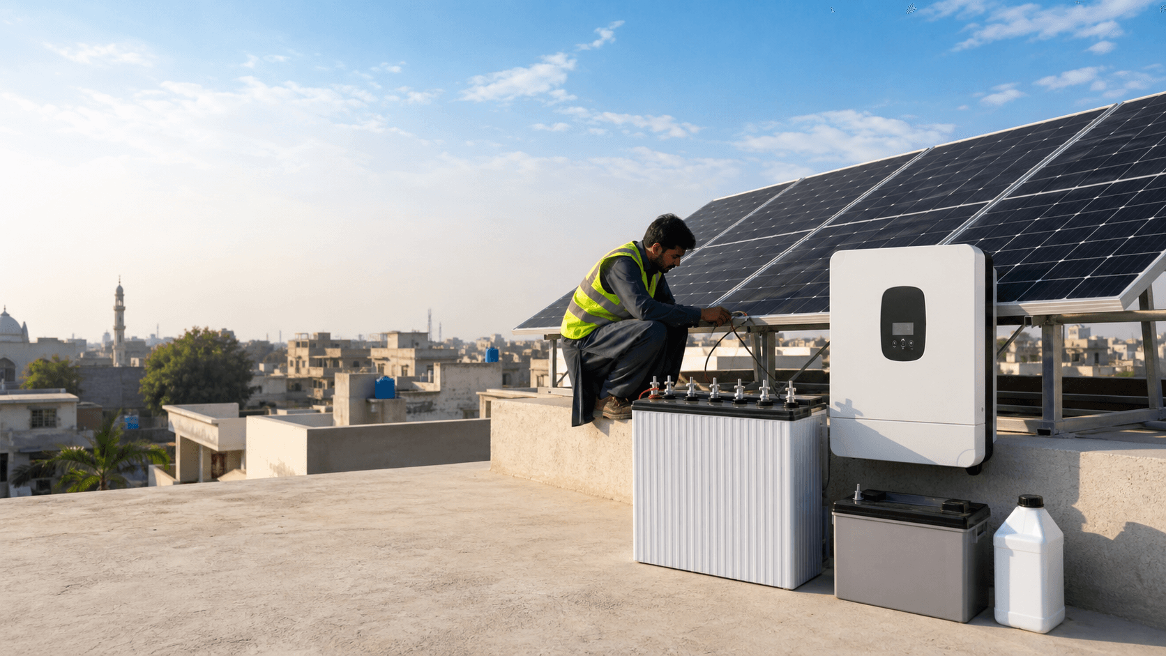 Pakistani rooftop solar installation with panels, inverter, battery and battery water